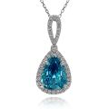 Natural Blue Zircon Pendant 8.43 carats with 0.16 carats Diamonds and 14K White Gold Chain