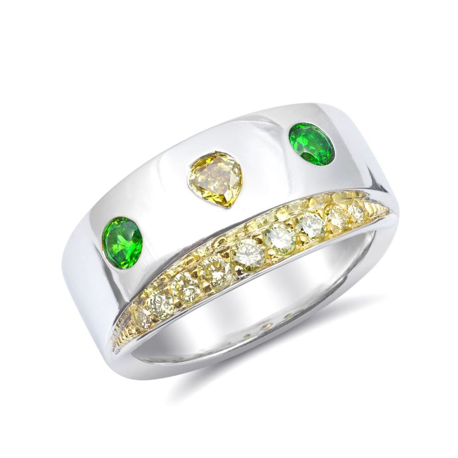 Natural Russian Demantoid Garnet 0.33 carats set in 14K White and Yellow Gold Ring with 0.49 carats Yellow Diamonds