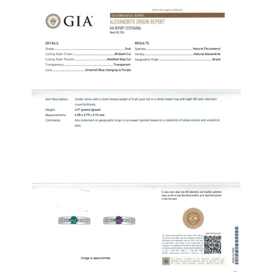 Natural Alexandrite 0.40 carats set in Platinum Ring with 0.26 carats Diamond with GIA Report 