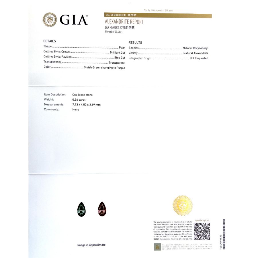 Natural Alexandrite 0.56 carats with GIA Report