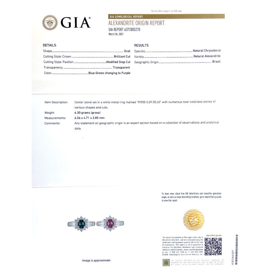 Natural Gem Quality Brazilian Alexandrite 0.69 carats set in Platinum Ring with 0.63 carats of Diamonds / GIA Report