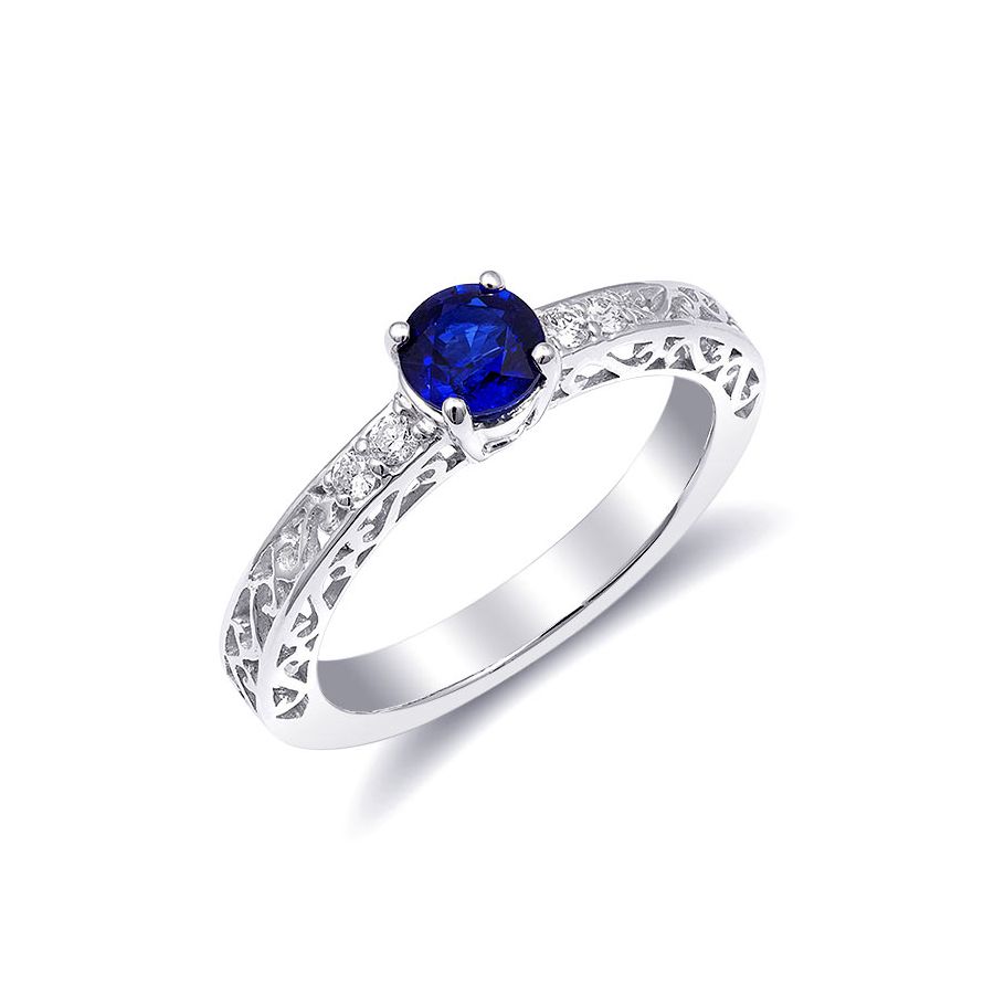 Natural Blue Sapphire 0.70 carats set in 14K White Gold Ring with 0.09 carats Diamonds