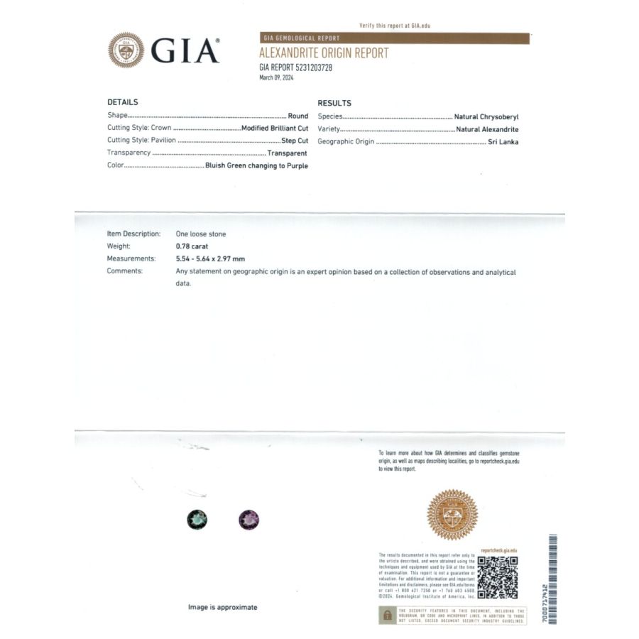 Natural Alexandrite 0.78 carats / GIA Report 