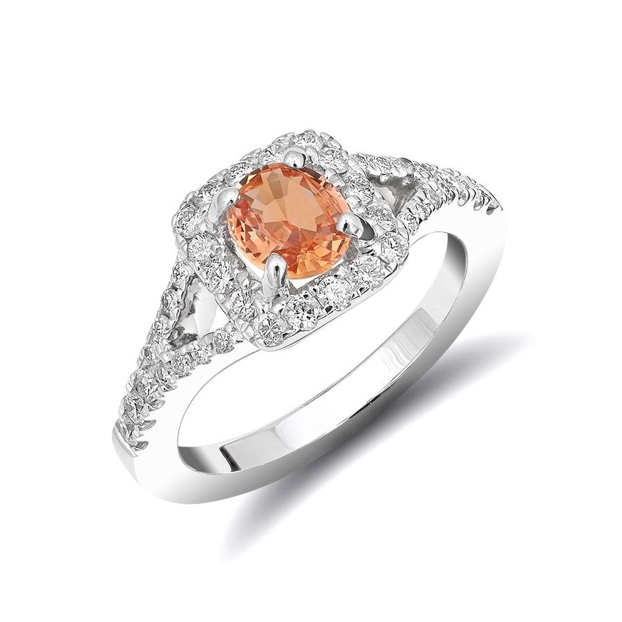 Natural Unheated Orange Sapphire 0.83 carats set in 14K White Gold Ring with 0.55 carats Diamonds / GRS Report