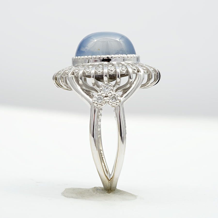 Natural Gray-Blue Star Sapphire 10.06 carats set in 14K White Gold Ring with 0.41 carats Diamonds