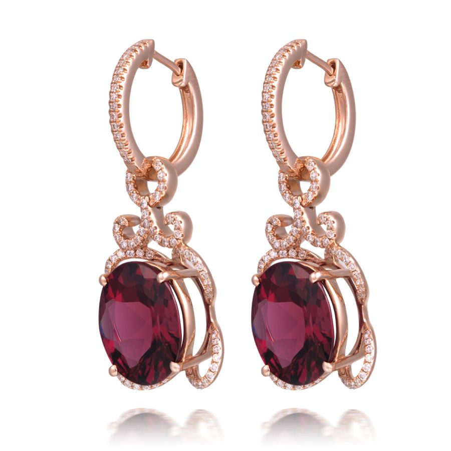 Natural Rhodolite Garnet 10.27 carats set in 14K Rose Gold Earrings with 0.48 carats Diamonds 