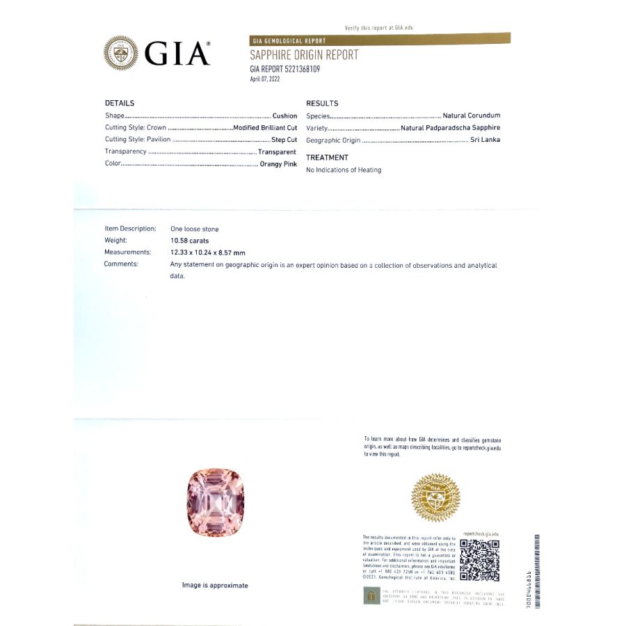 Natural Unheated Sri Lankan Padparadscha Sapphire 10.58 carats with GIA Report