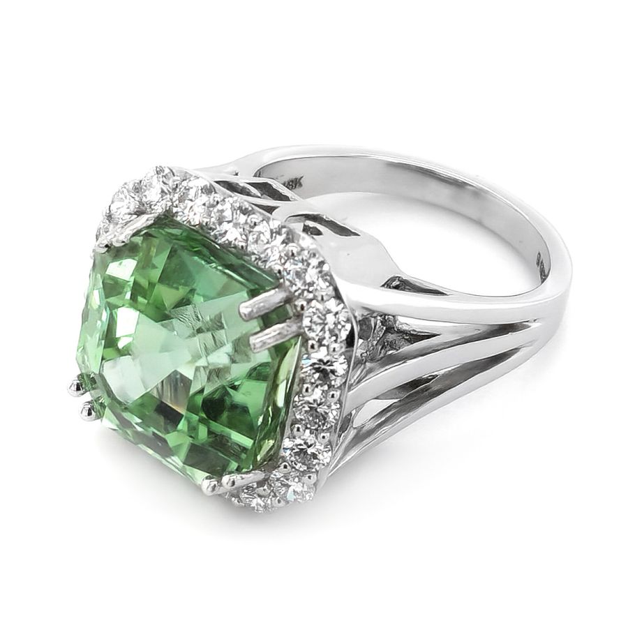 Mint Tourmaline 12.65 carats set in 18K White Gold Ring with 1.27 carats Diamonds 