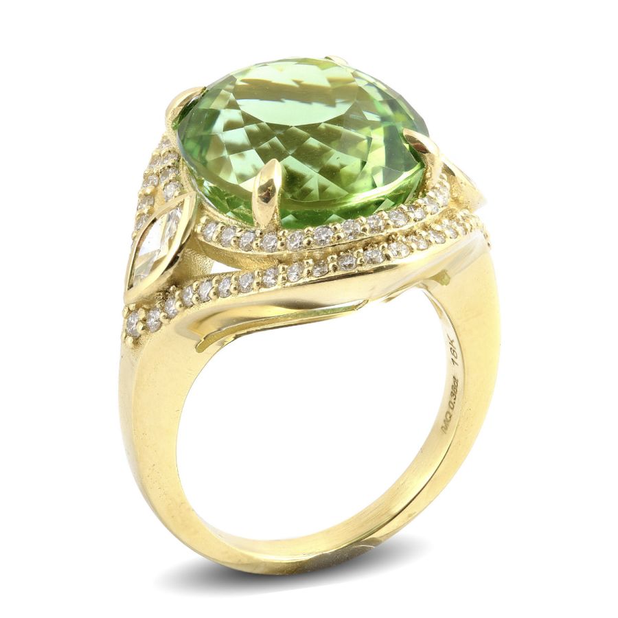 Natural Green Tourmaline 13.69 carats set in 18K Yellow Gold Ring with 1.02 carats Diamonds