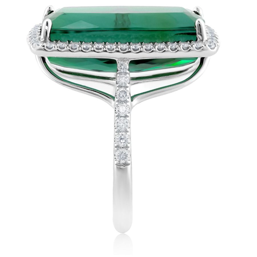 Natural Green Tourmaline 13.71 carats set in 14K White Gold Ring with Diamonds 0.64 carats