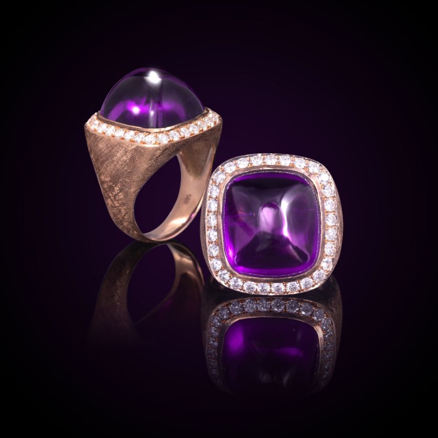Natural Sugarloaf Amethyst 15.25 carats set in Satin finish 14K Rose Gold Ring with 0.76 carats Diamonds