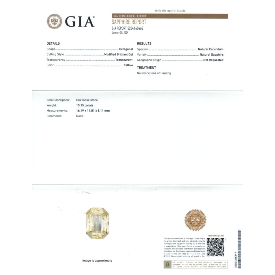 Natural Unheated Yellow Sapphire 15.25 carats with GIA Report