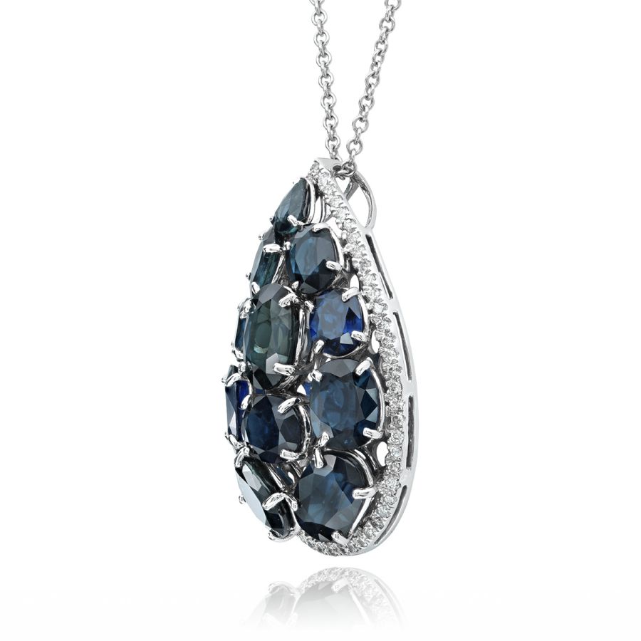 Natural Blue Sapphire 16.50 carats mixed set with 0.50 carats Diamonds in 18K White Gold Pendant 