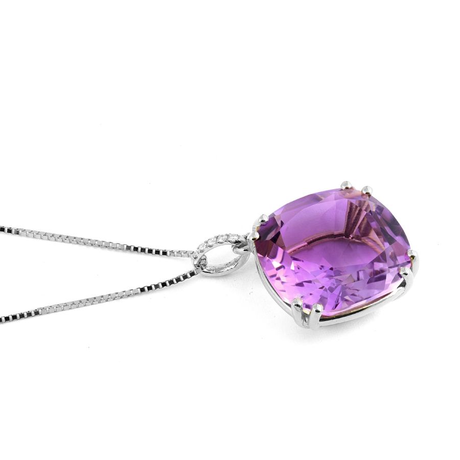 Natural Amethyst 17.69 carats set in 14K White Gold Pendant with 0.04 carats Diamonds and 18" adjustable (choker to 18") box chain