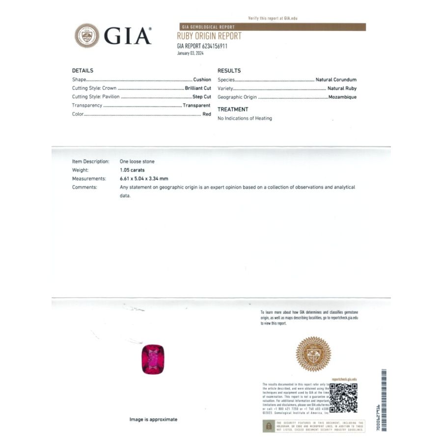Natural Unheated Mozambique Ruby 1.05 carats with GIA Report 