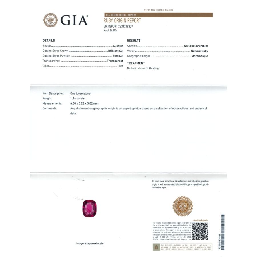 Natural Unheated Mozambique Ruby 1.14 carats with GIA Report 