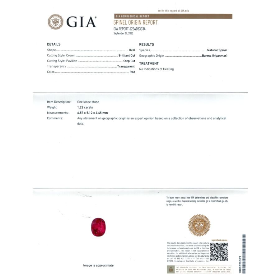 Natural Unheated Burmese Red Spinel 1.22 carats with GIA Report