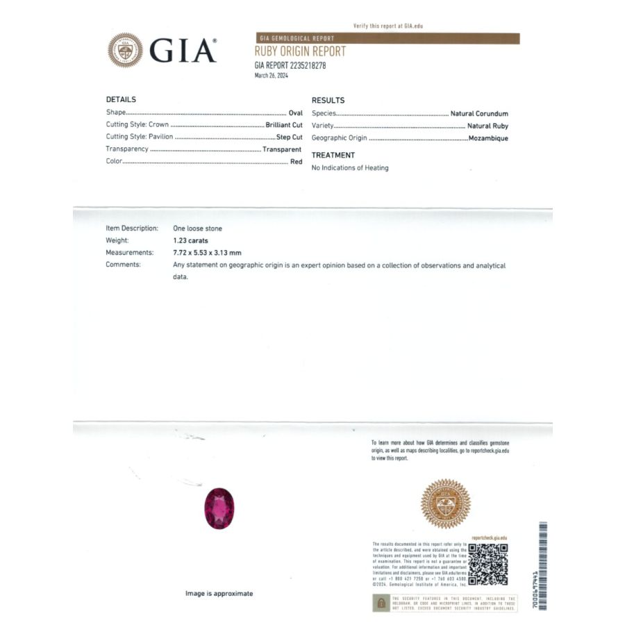 Natural Unheated Mozambique Ruby 1.23 carats with GIA Report 