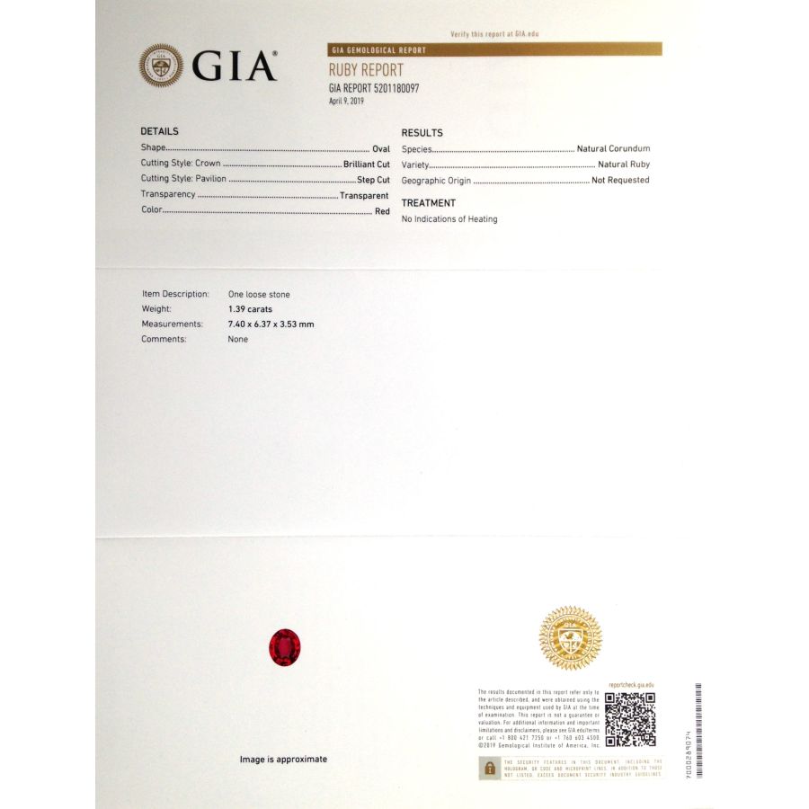 Natural Unheated Ruby 1.39 carats with GIA Report