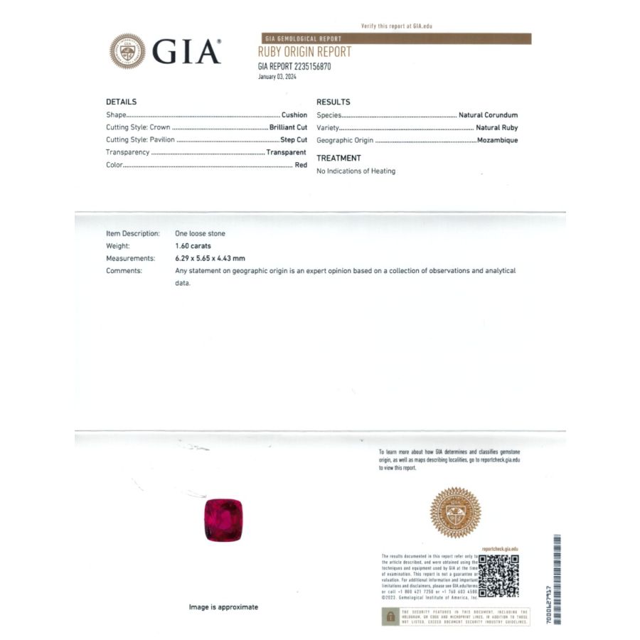 Natural Unheated Mozambique Ruby 1.60 carats with GIA Report 