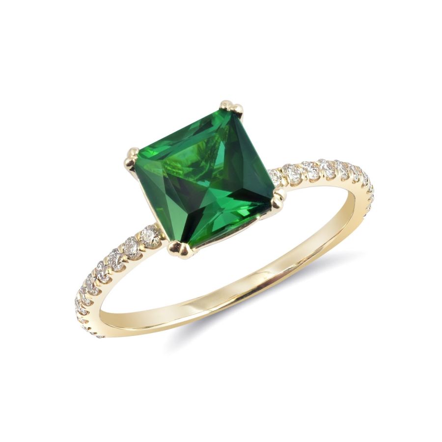 Natural Green Tourmaline 1.66 carats set in 14K Yellow Gold Ring with 0.26 carats Diamonds