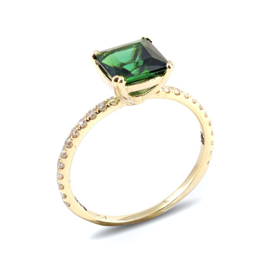Natural Green Tourmaline 1.66 carats set in 14K Yellow Gold Ring with 0 ...