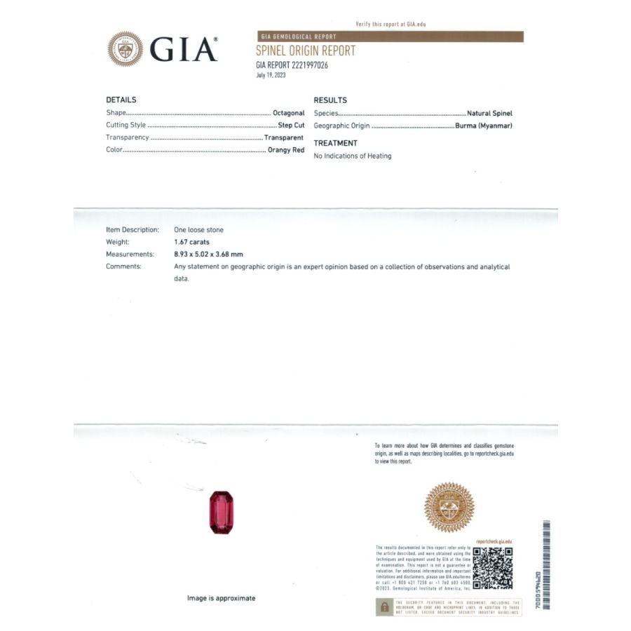 Natural Burma Red Spinel 1.67 carats with GIA Report