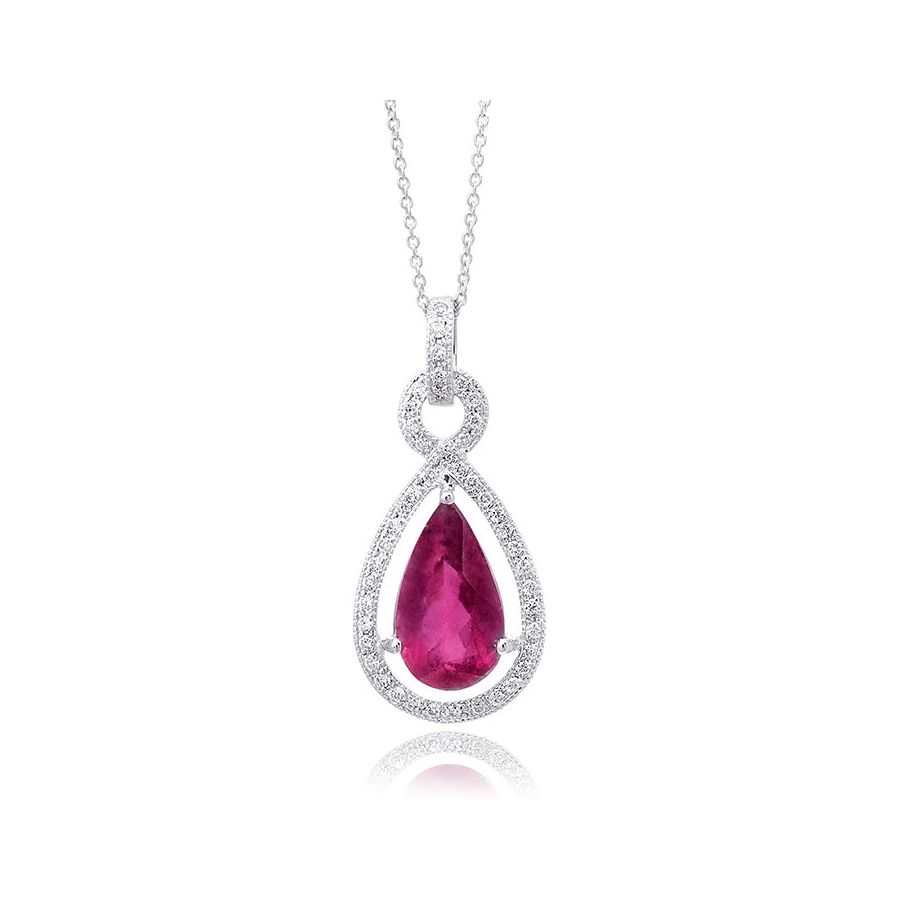 Natural Rubellite 1.72 carats set in 14K White Gold Pendant with 0.16 carats Diamonds