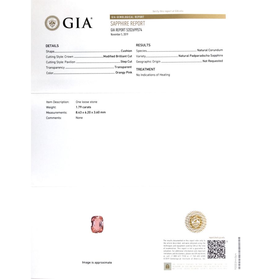 Natural Unheated Padparadscha Sapphire 1.79 carats with GIA Report