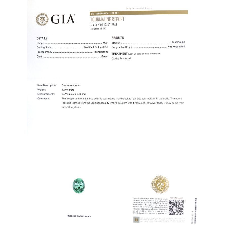 Natural Mozambique Paraiba Tourmaline 1.79 carats with GIA Report