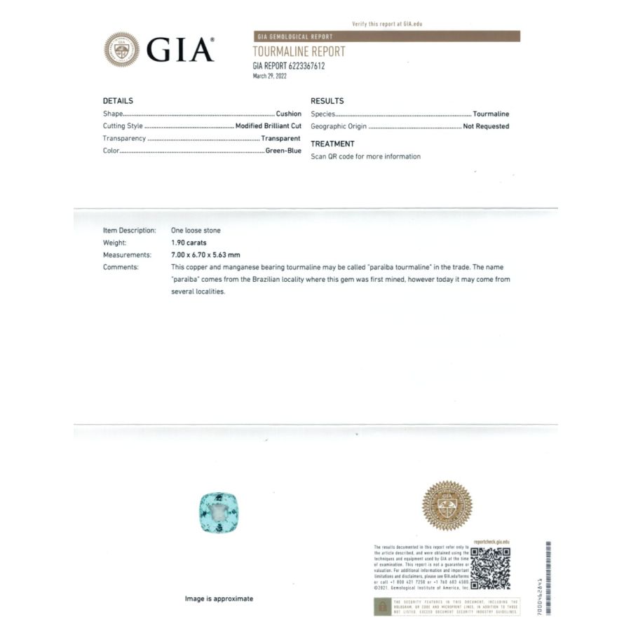 Natural Paraiba Tourmaline 1.90 carats set in 14K White Gold with 0.18 carats Diamonds with GIA Report