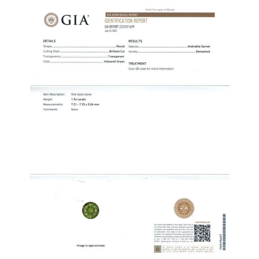 Natural Russian Demantoid Garnet 1.94 carats with GIA Report