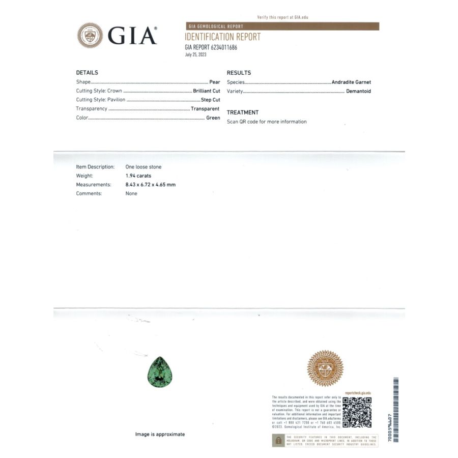 Natural Namibian Pear Demantoid Garnet 1.94 carats with GIA Report