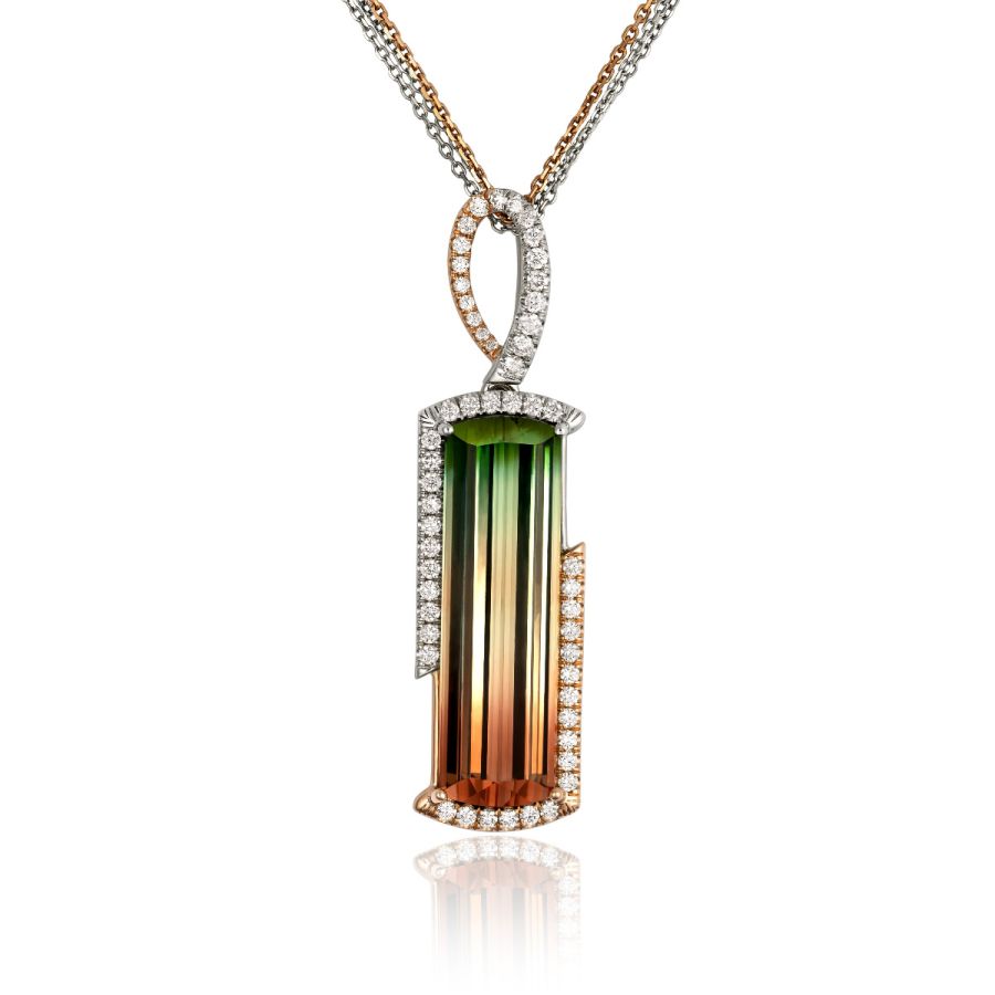 Natural Bi-Color Tourmaline 21.30 carats set in 14K White and Rose Gold Pendant with 0.72 carats Diamonds
