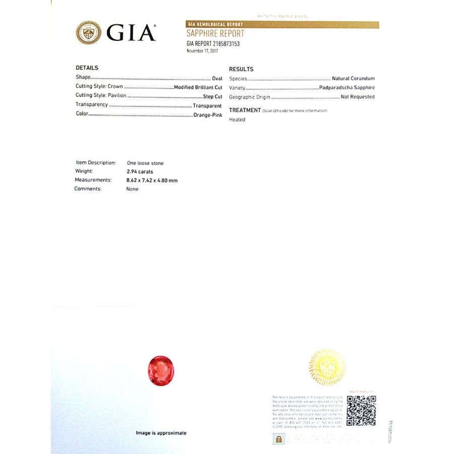 Natural Heated Padparadscha Sapphire 2.94 carats with GIA Report