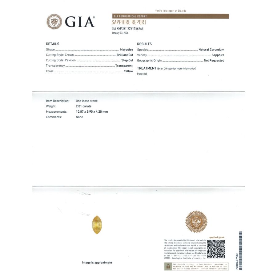 Natural Yellow Sapphire 2.01 carats with GIA Report 
