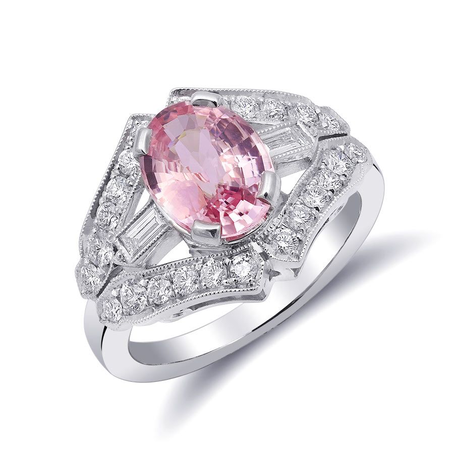 Natural Heated Padparadscha Sapphire 2.02 carats set in Platinum Art Deco Ring with 1.00  Carats Diamonds / GIA Report
