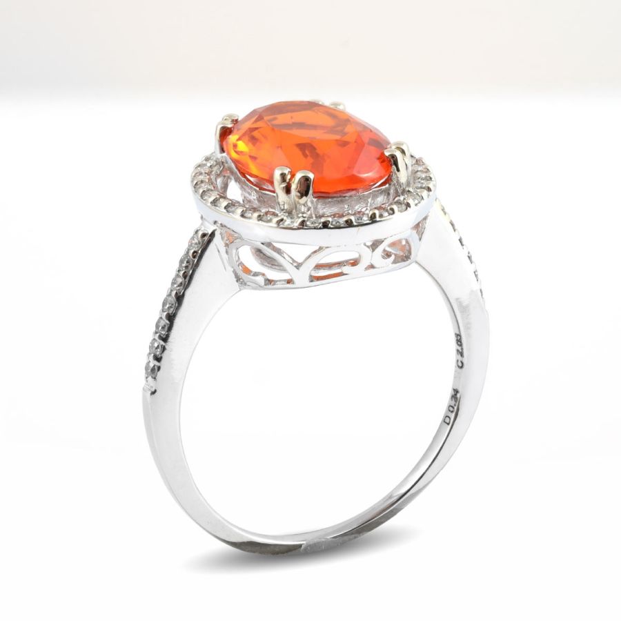 Natural Mexican Fire Opal 2.03 carats set in 14K White Gold Ring with 0.24 carats Diamonds