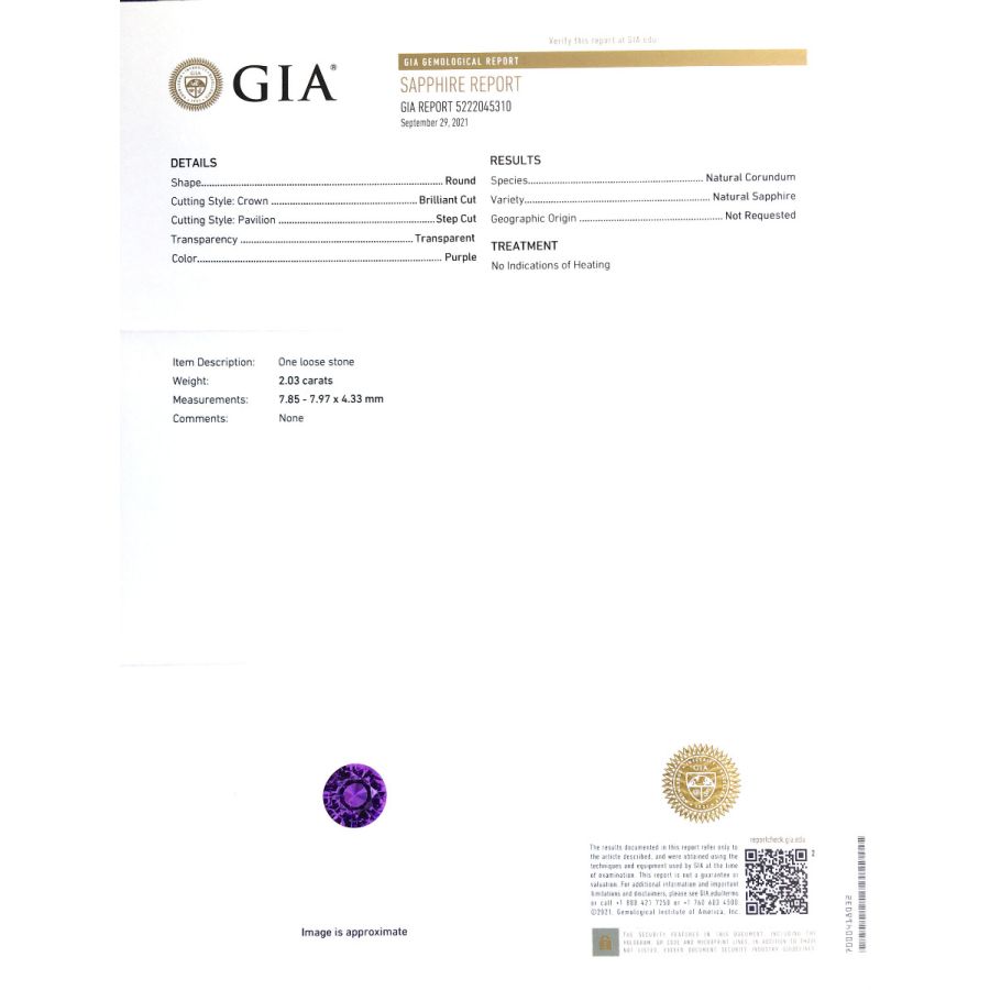Natural Unheated Purple Sapphire 2.03 carats with GIA Report