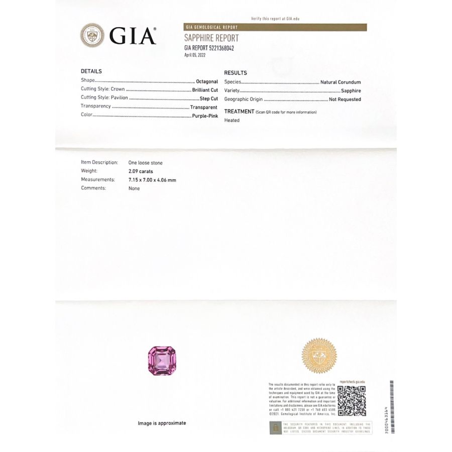 Natural Pink Sapphire 2.09 carats with GIA Report