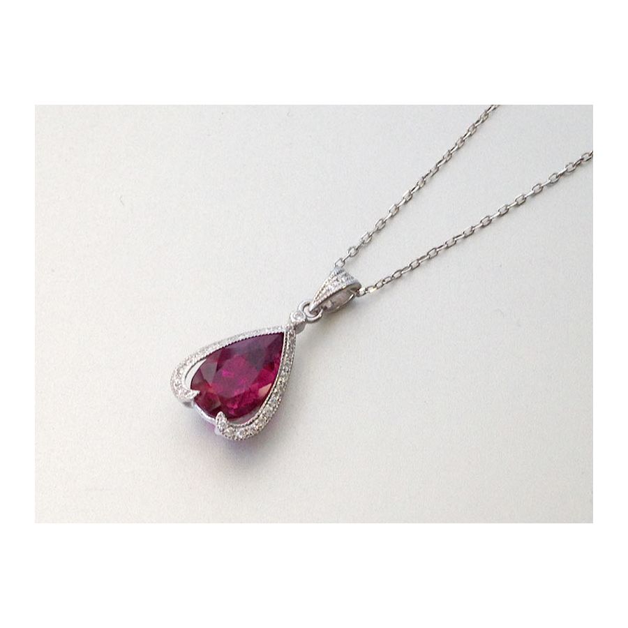 Natural Rubellite 2.18 carats set in 14K White Gold Pendant with 0.16 carats Diamonds