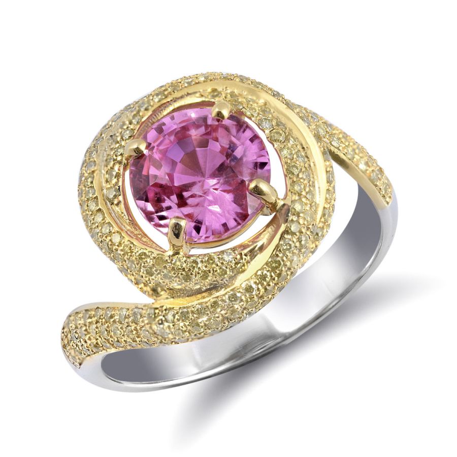 Natural Unheated Pink Sapphire 2.24 carats set in 18K White and Yellow Gold Ring with 2.74 carats of Yellow Diamonds / GIA Report