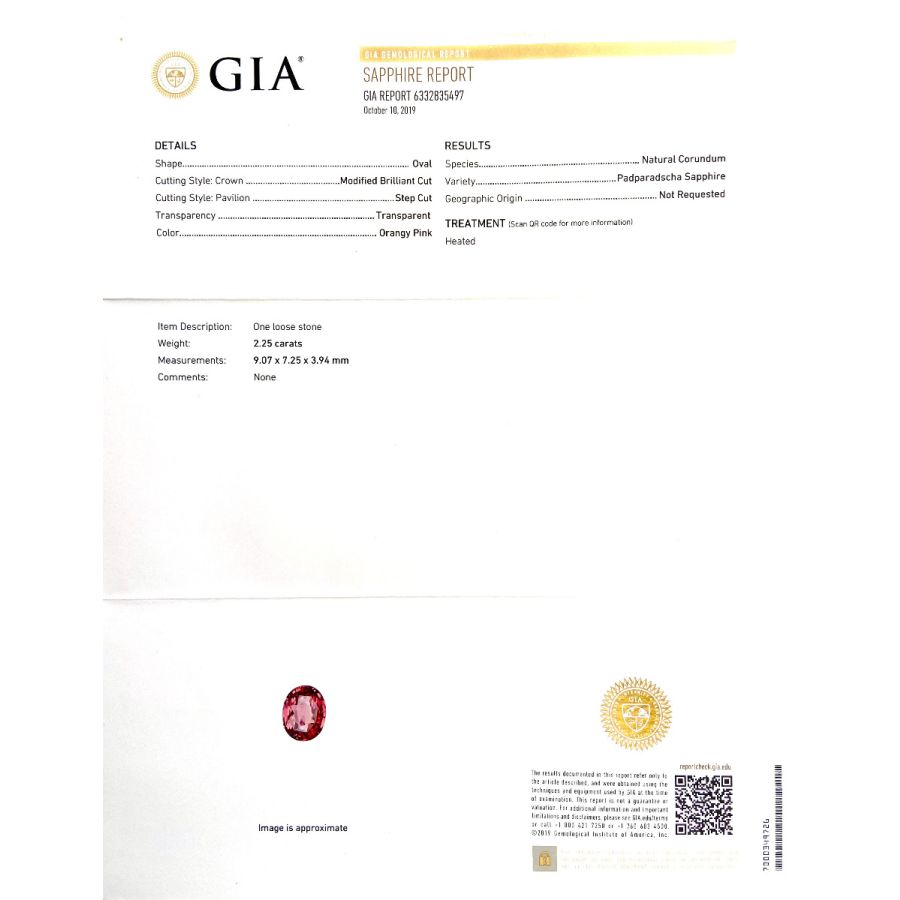 Natural Padparadscha Sapphire 2.25 carats with GIA Report