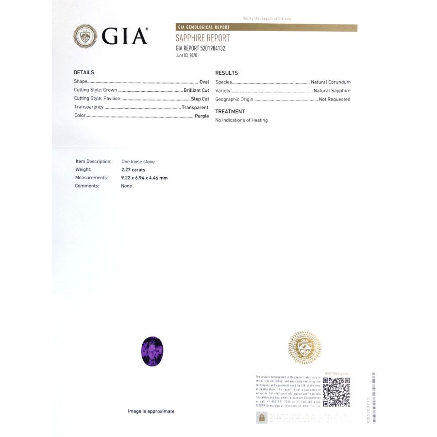 Natural Unheated Purple Sapphire purple color oval shape 2.27 carats with GIA Report