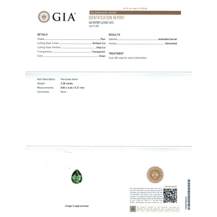 Natural Namibian Pear Demantoid Garnet 2.28 carats with GIA Report