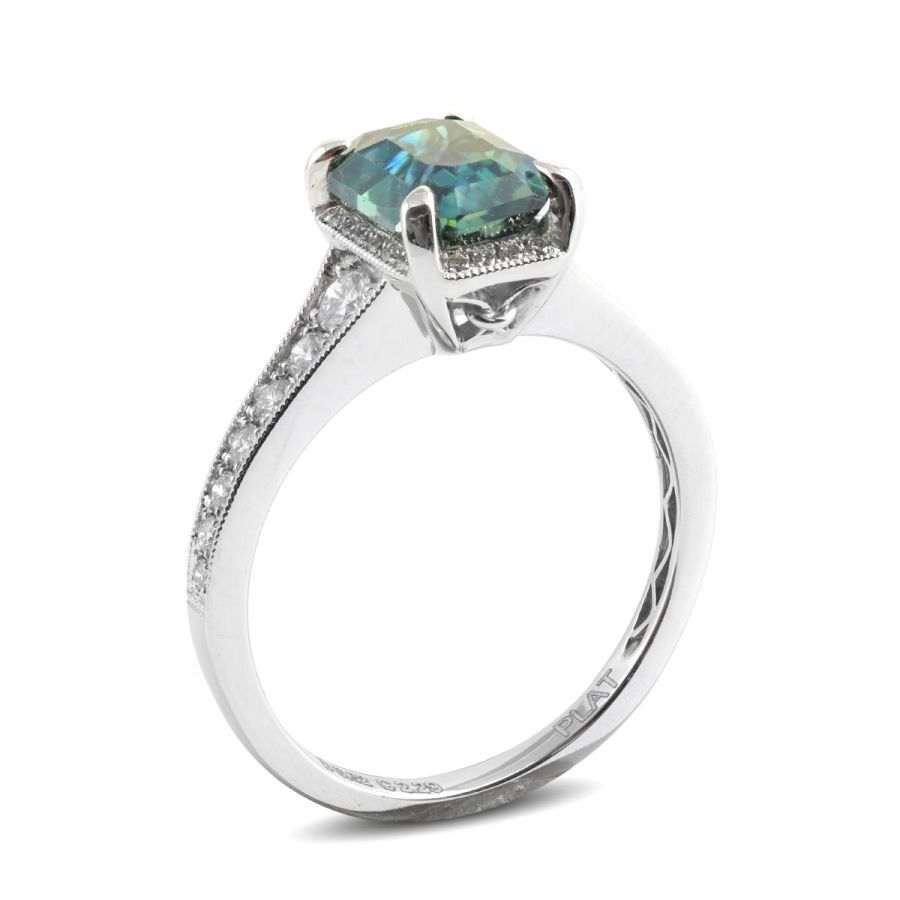 Natural Blue-Green Sapphire 2.29 carats set in Platinum Ring with 0.32 carats Diamonds / GIA Report