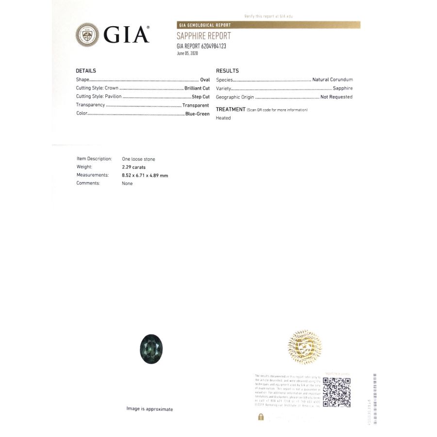 Natural Teal Blue-Green Sapphire oval shape 2.29 carats with GIA Report