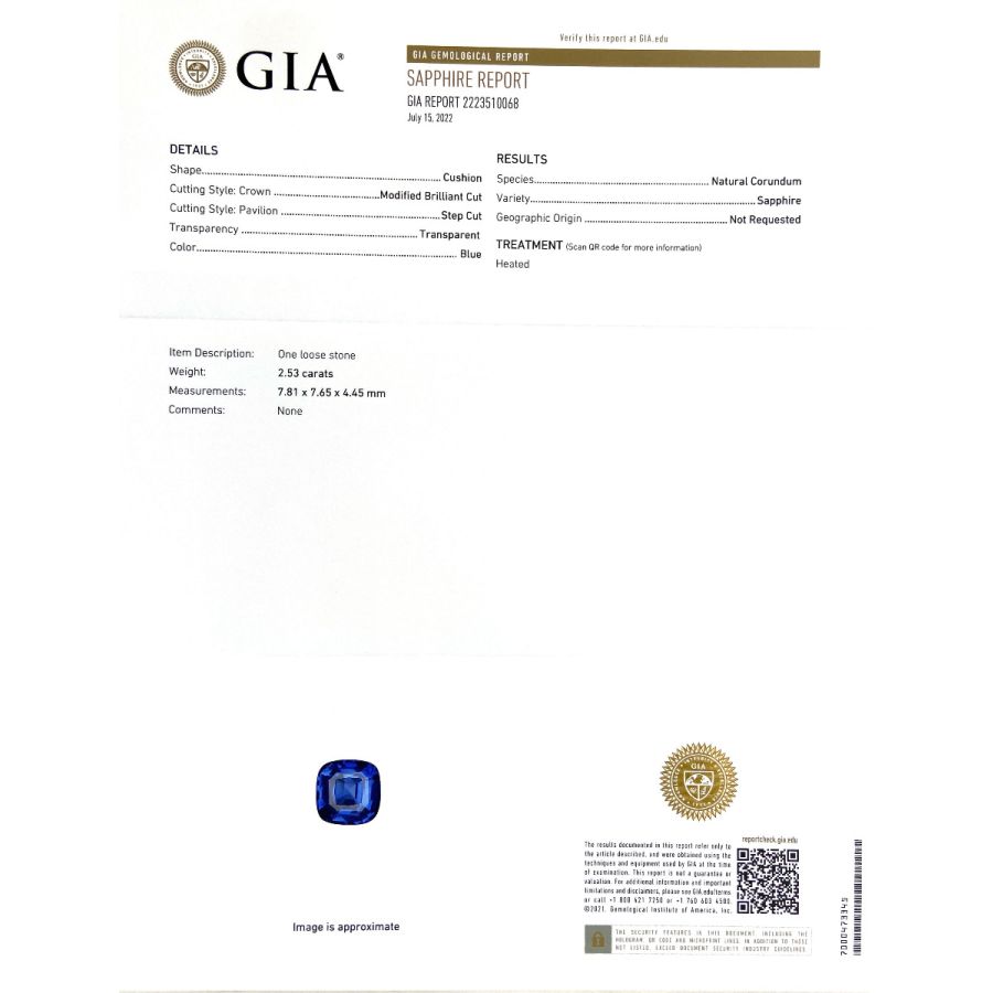 Natural Heated Blue Sapphire 2.53 carats with GIA Report