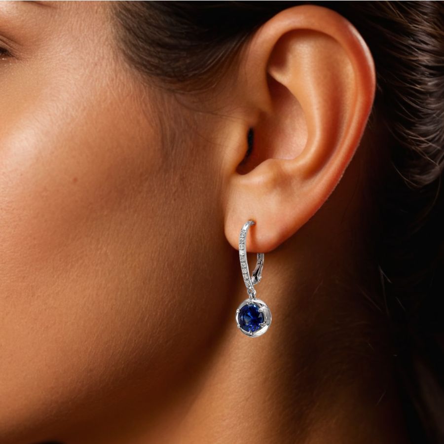 Natural Blue Sapphires 2.60 carats set in 14K White Gold Earrings with 0.18 carats Diamonds 