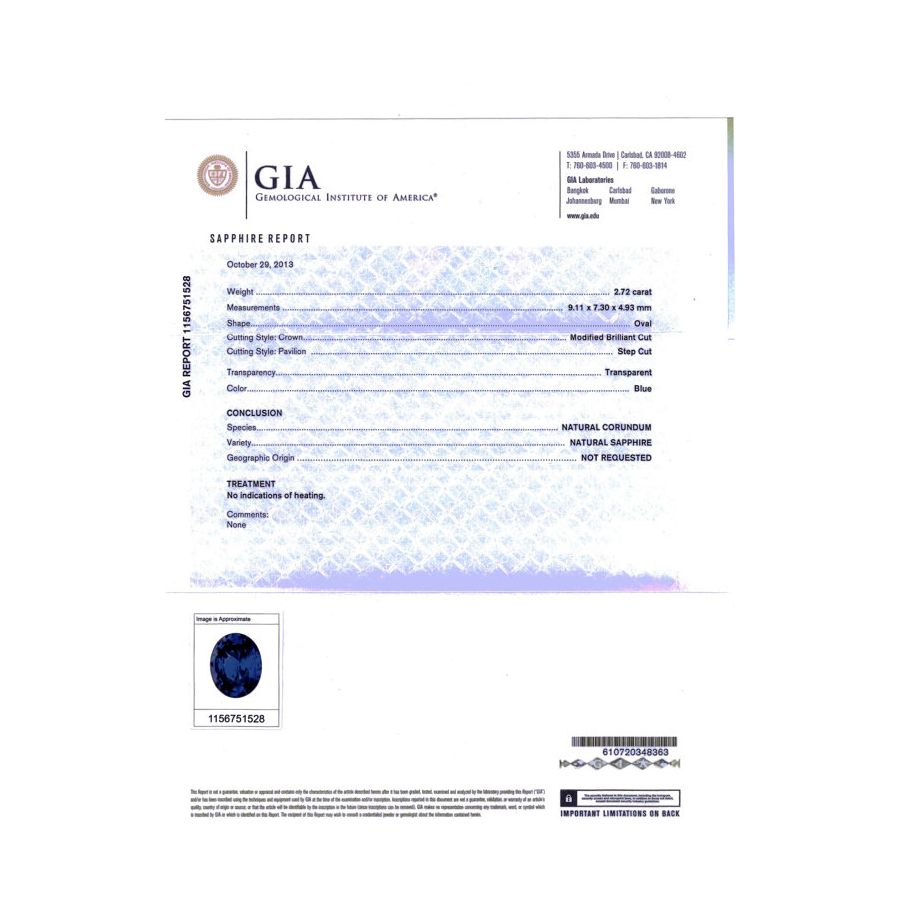 Unheated Blue Sapphire 2.72 carats set in Platinum Ring with 0.34 carats Diamonds  / GIA Report